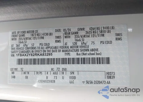 2024 Ford Transit-350 Passenger Van Xlt z USA, uszkodzony, nr VIN 1FBAX2Y82RKA83295